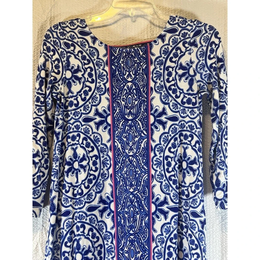 Lilly Pulitzer Women's XS Blue White Flora Stretch A-line Dress Knee Straps‎ - Picture 3 of 10
